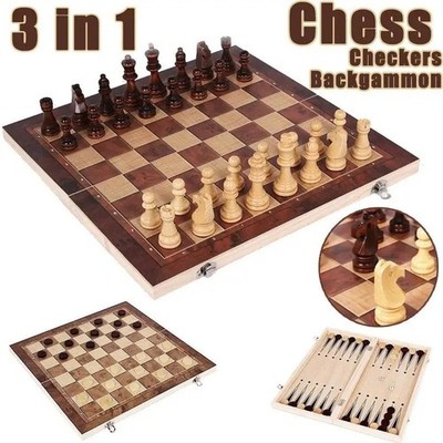 3 in 1 Wooden Chess Board Folding Travel Set Chess Checkers Backgammon Portable