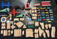  LOT of 187 Melissa  Doug Wooden Railway Train Track Bridges Cars Accessories