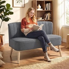 Image of Modern Double Seat Sofa Loveseat Couch Padded Linen Wood Legs, Dark Grey
