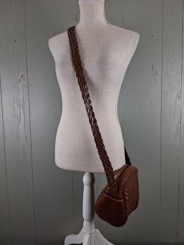 Bolso Bandolera Vintage Cuero Tejido Cartera Marrón Boho Hippie Borla Artesanal Años 80 - Imagen 15 de 15
