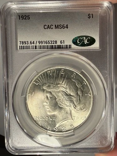 1925 $1 CACG MS 64 CAC Peace Silver Dollar