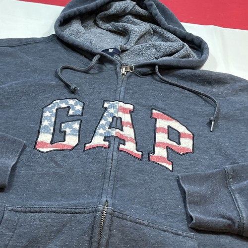 GAP Blue HOODIE XL FULL ZIP SWEATER JACKET SPELL OUT AMERICAN FLAG PATRIOTIC USA - Picture 17 of 17