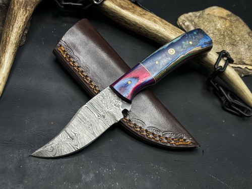 Handmade Damascus Steel Hunting Survival EDC knife Wood Handle, Leather Sheath