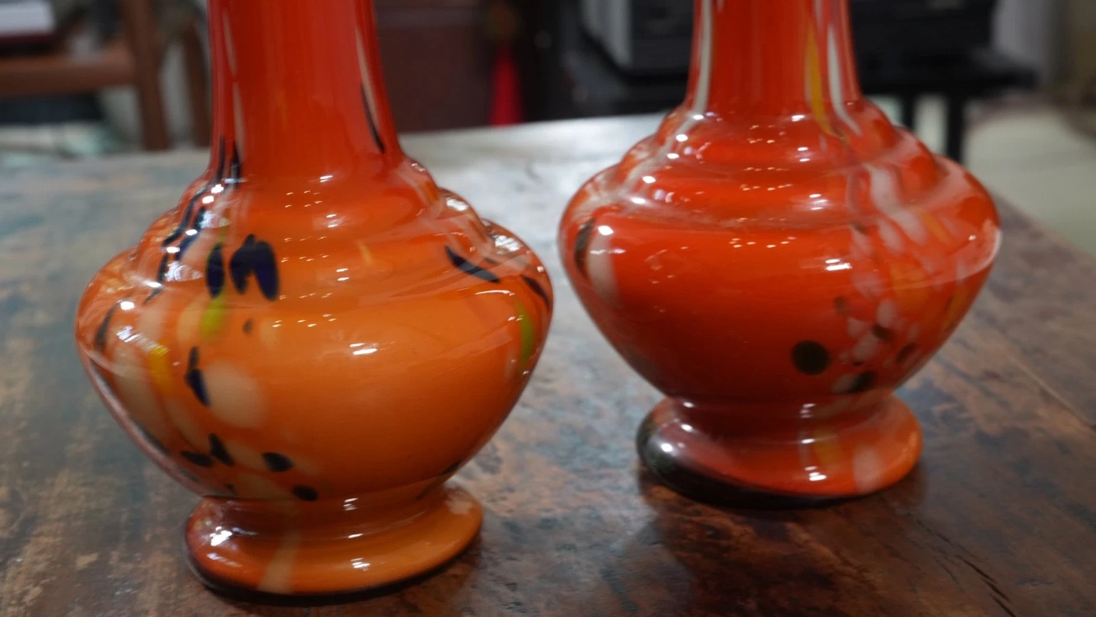 Vintage Pair Orange Splatter Art Glass Vases, 11" Tall
Opens in a new window or tab