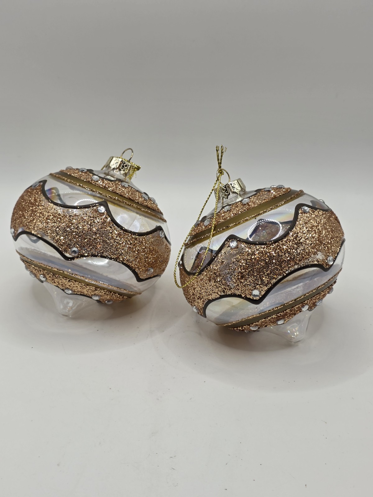 Vintage Hand Blown Glass Gold Glitter Painted Christmas Tree Ornaments Set Of 2