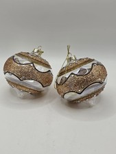 Vintage Hand Blown Glass Gold Glitter Painted Christmas Tree Ornaments Set Of 2