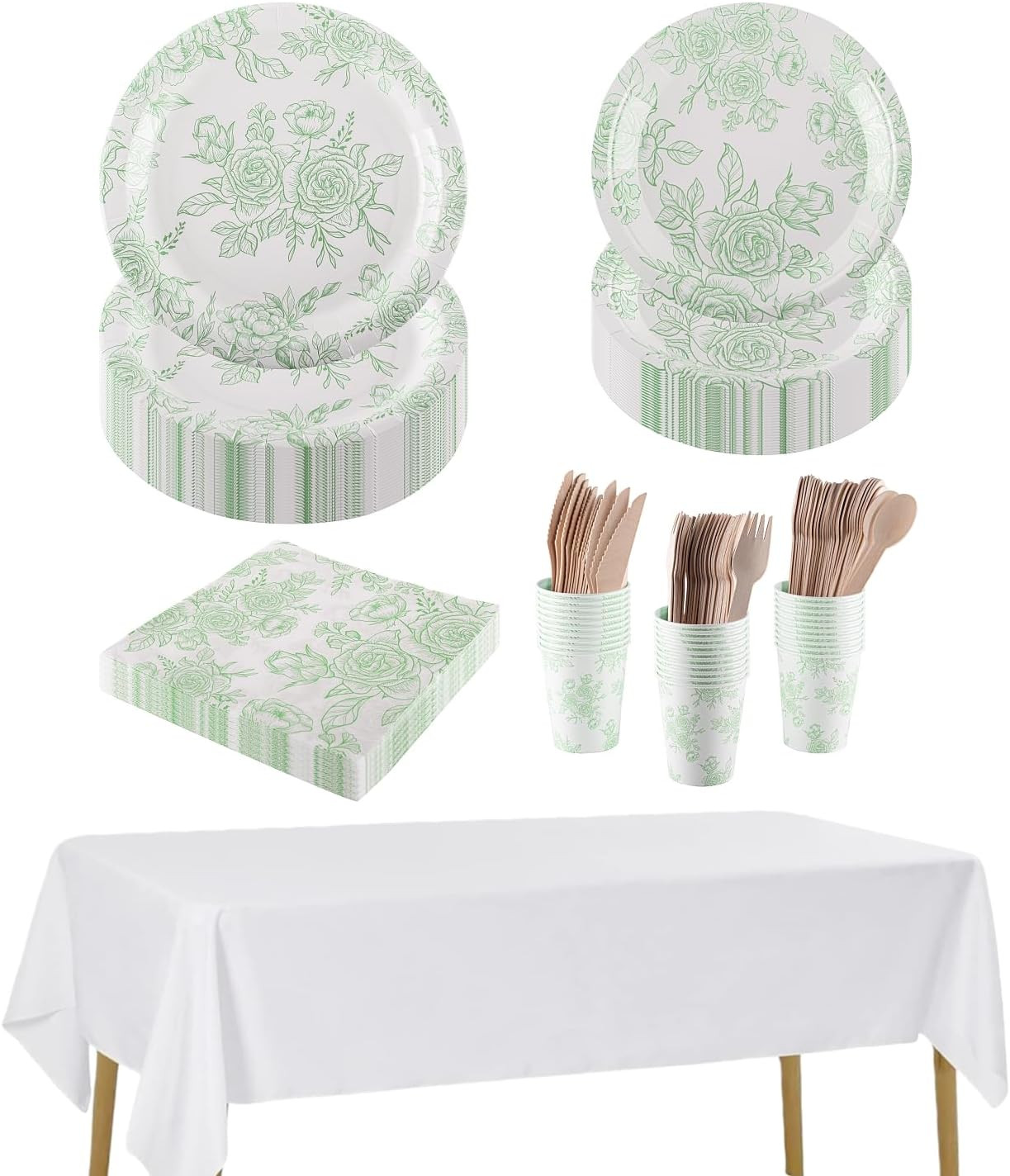 Kit vaisselle jetable anniversaire et baptême vert sauge 30 personnes CEILIWEN