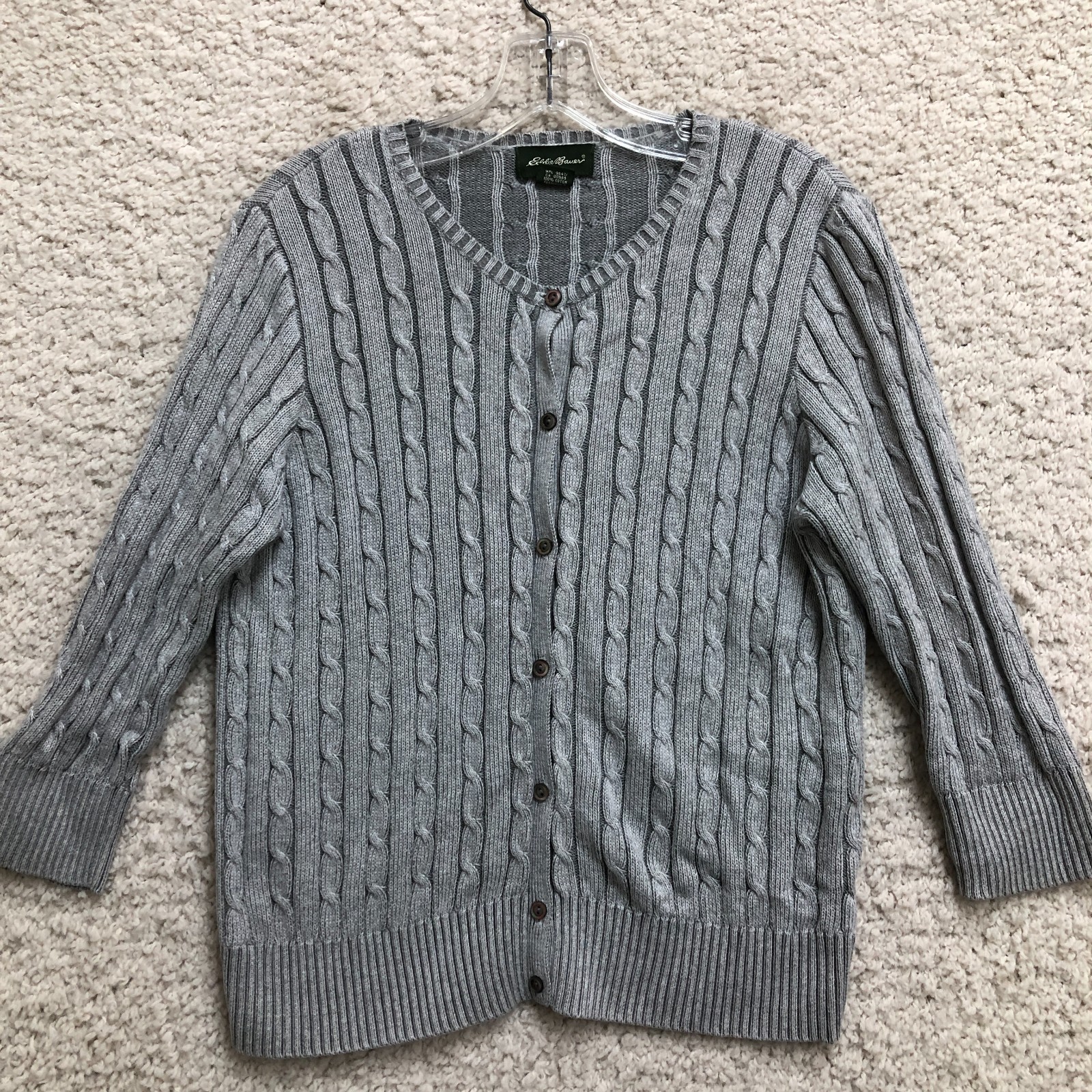 VINTAGE Eddie Bauer Cardigan Large Adult Gray Cable Knit Sweater Grandma Womens