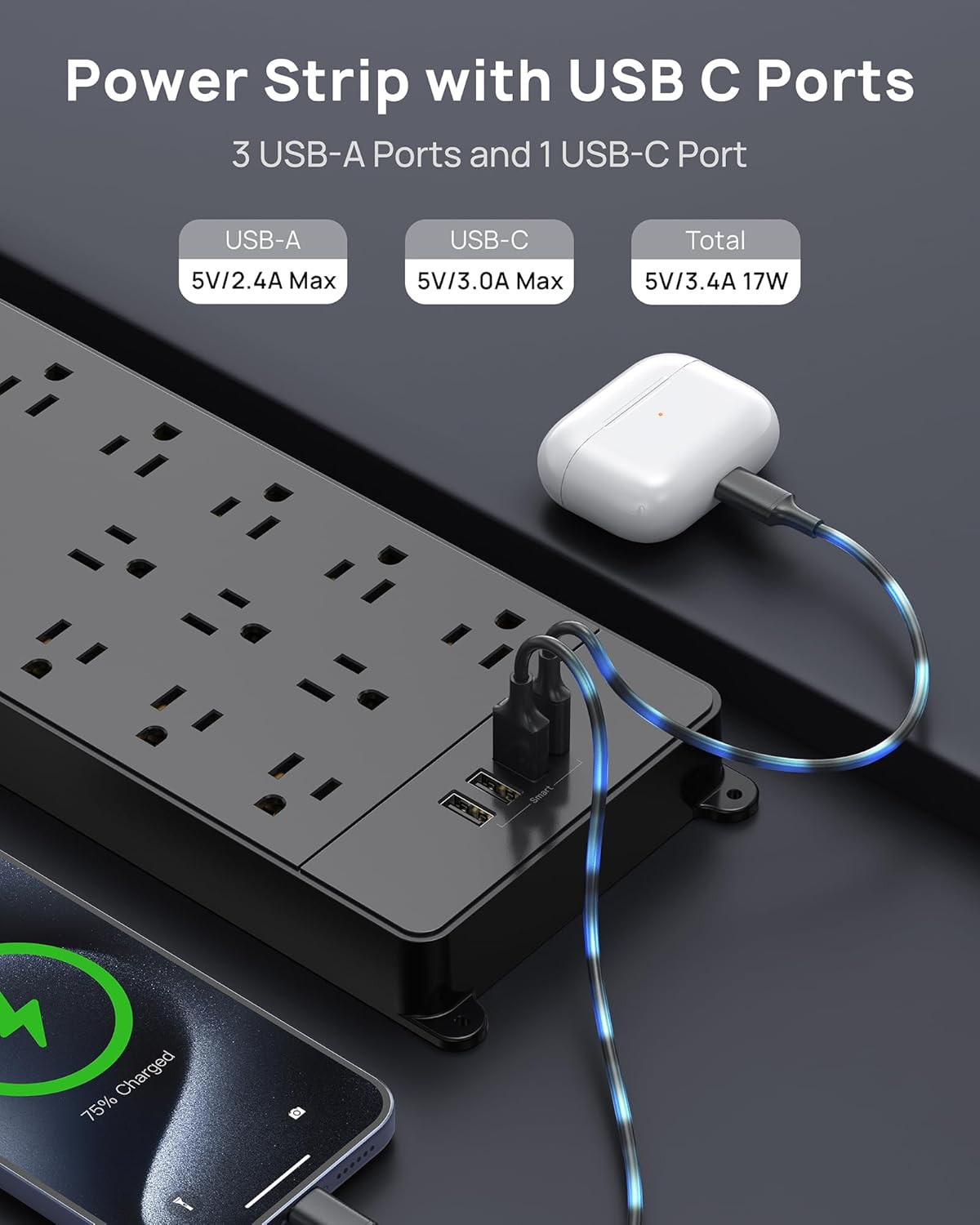 TROND Surge Protector Power Strip, 4000 Joules, ETL Listed, 13 Widely-Spaced Out