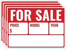 4PC for Sale Sign Car, 14 Inches by 10 Inches - 20 Mil Polystyrene Plastic - Car