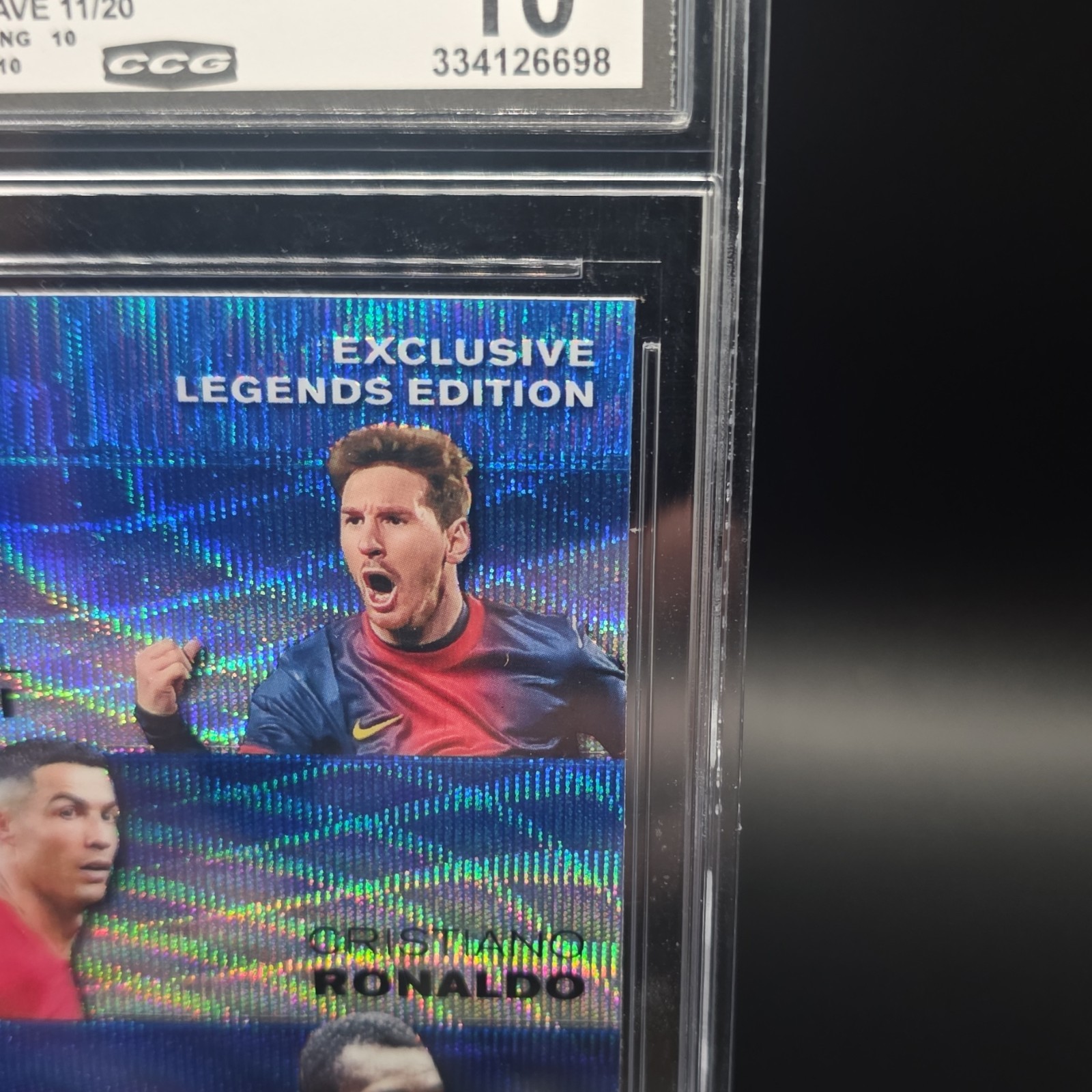 Leaf Metal Exclusive Legends Messi Ronaldo Pele ELE-59 Blue Wave 11/20 CGC 10 view 3