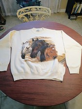 Vtg 90s Hazelwoods Dbl Sided Horse Crewneck Sweatshirt Cream Large Made In USA