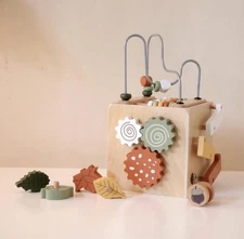 Wooden Activity Cube, Bead Maze, Gears, Shapes, Rabbit Figure, 10 x 10 x 10 i...