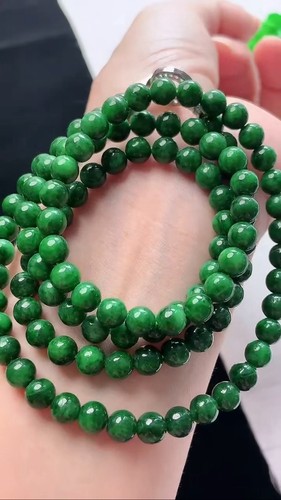 Rare Vintage Natural Emerald Sun Green Jadeite Jade 6.1mm Beads Necklace Grade A - Picture 2 of 6