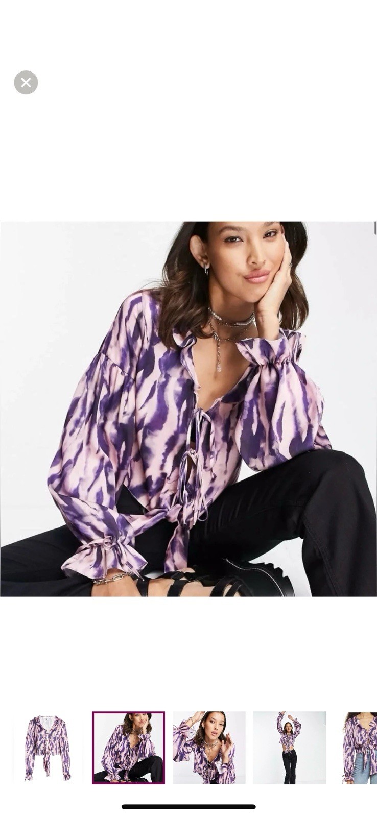 Topshop Size 4 Purple Tie-Dye Ruffle Peasant Blouse with Tie Front