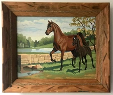 PAINT BY NUMBERS MCM COLLECTIBLE ART *2 BROWN HORSES* MARE & FOAL- 25x21 FRAMED