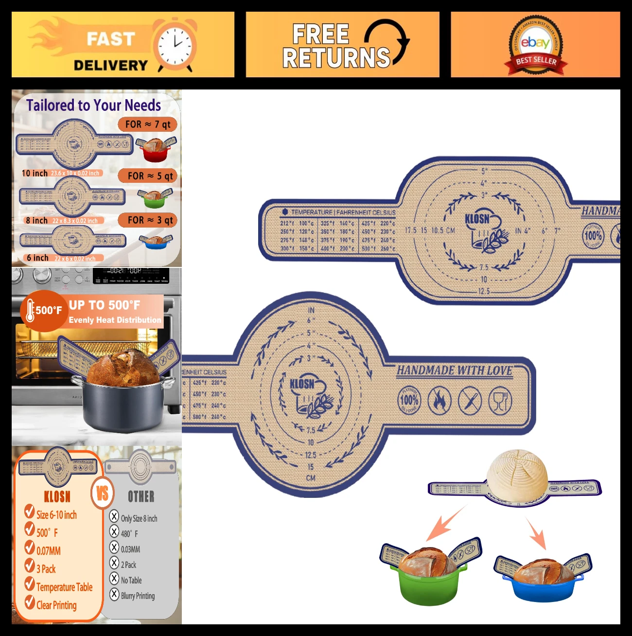 Silicone Bread Sling Set - 2 Pack Non-Stick Sourdough Mats, Heat Resistant 500°F