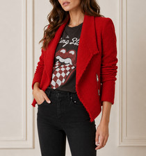 IRO Mira Red Boucle Tweed Fringe Moto Jacket FR 34 US XS Cotton