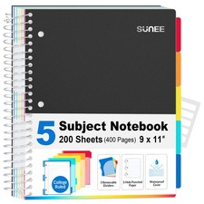 5 Subject Notebook College Ruled 400 Pages, 9"x11", 5 Pocket Colored Divider...