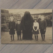 POSTCARD Kids Bigfoot Creature Haystack Farmyard Monster Odd Vintage Style Hairy