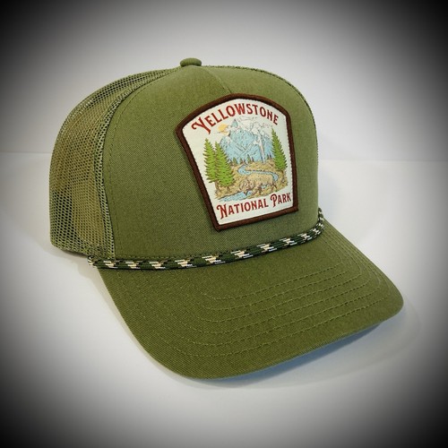 new YELLOWSTONE NATIONAL PARK HAT trucker curved bill mesh back cargo dark green
