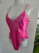 Vintage Delicates Hot Pink Satin Trim Lace Teddy Bodysuit Size M