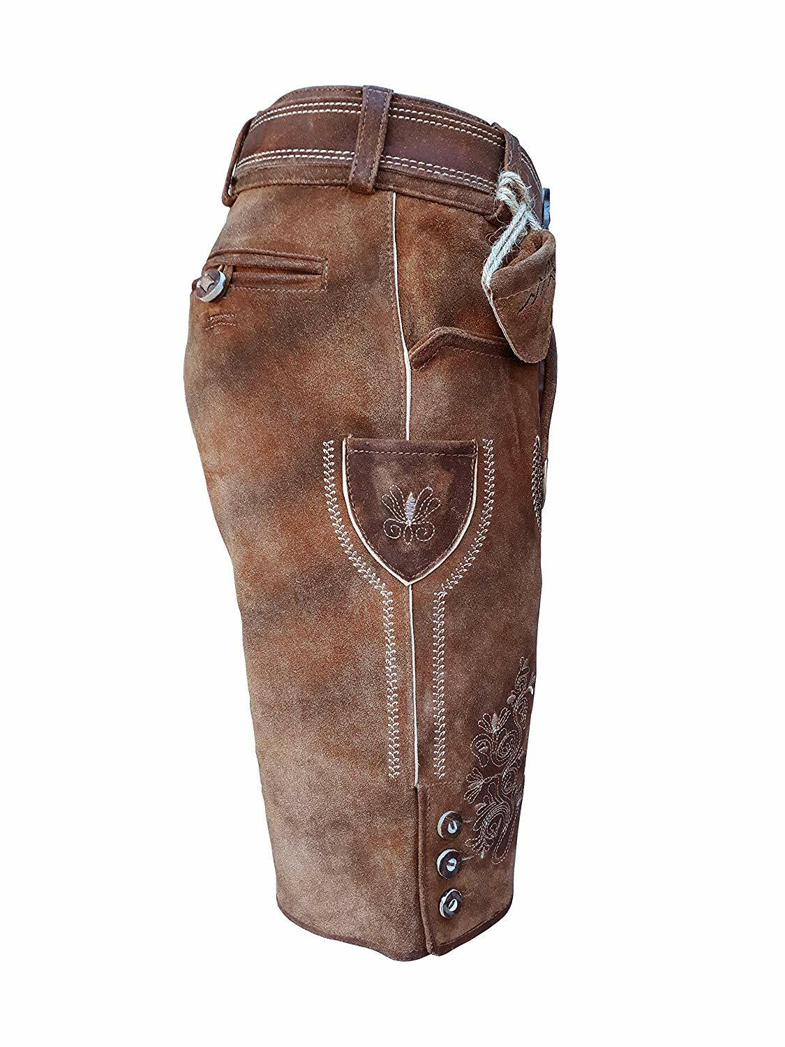 Kurze Wildbock Lederhose Braun-grau Mit Gürtel Antik Look Eagle Belt Leder Neu E