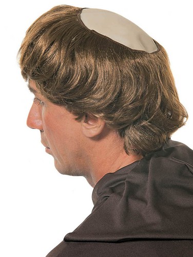 mens monk wig fancy dress vicar priest religious man short brown