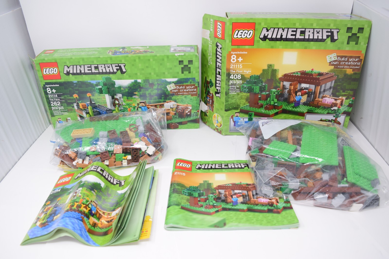 2 LEGO Minecraft Complete Sets :The First Night (21115) & The Farm (21114)