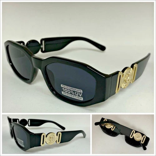 New CLASSIC HIP HOP RAPPER Style SUNGLASSES Black Frame Gold Medallion Dark Lens