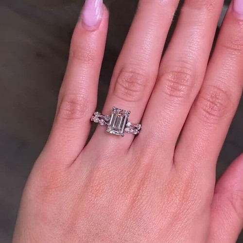 2.5 CT Emerald Cut Moissanite Bridal Set Engagement Ring Solid 14K White Gold - Picture 7 of 12