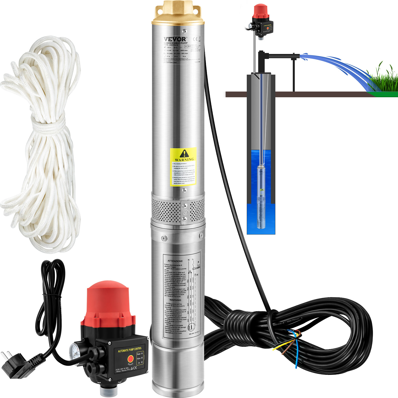 VEVOR Bomba de Agua Sumergible para Pozo de 550 W 50 L/min con Interruptor 230 V