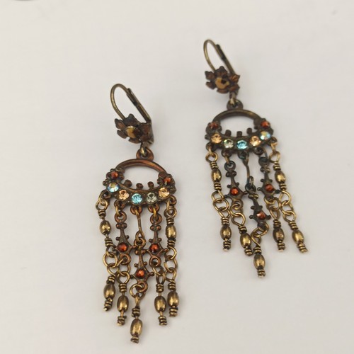 Michal Negrin Earrings Waterfall Chandelier Ethnic Crystals Brown Blue Romantic - Picture 11 of 14