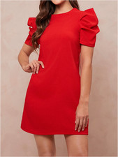 Red Clasi Solid Puff Sleeve Keyhole Back Dress Sz S M L XL