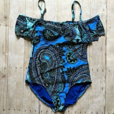 Jantzen Blue Paisley Off Shoulder Strapless Versatile Ruffle swimsuit 10 NWT