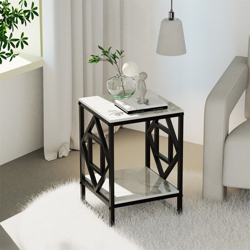 Side Table White Marble Top 2 Tier Square End Table Metal Frame Coffee Table - Picture 3 of 12