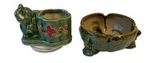 Vintage green ceramic good luck trunk up elephant planters set of two