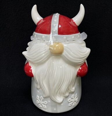 New Viking Gnome Christmas Cookie Jar Ceramic Snowflakes Sleigh Bell Bistro 10''
