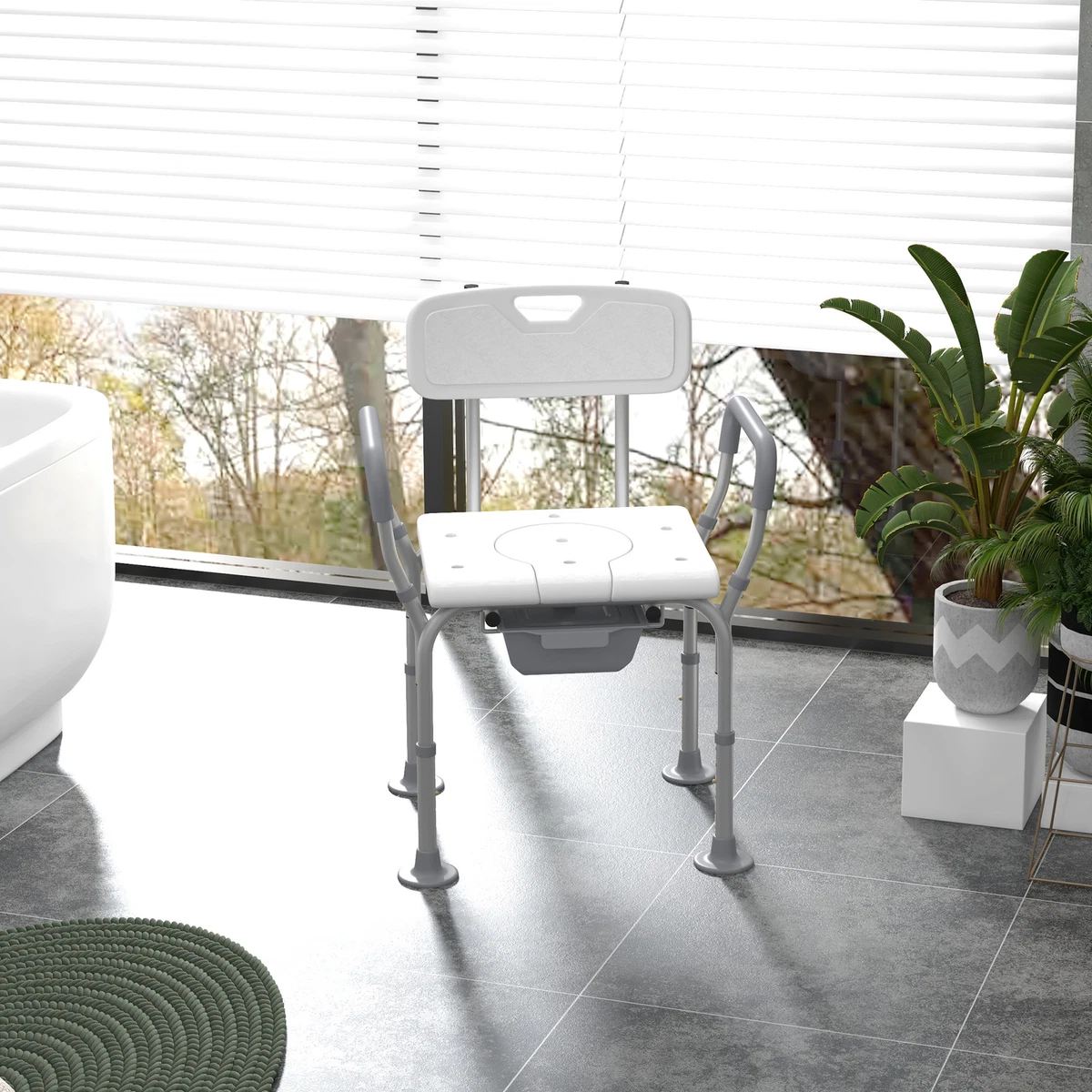 3 in 1 Shower Chair with Back and Arms Height Adjustable Bedside Commode White