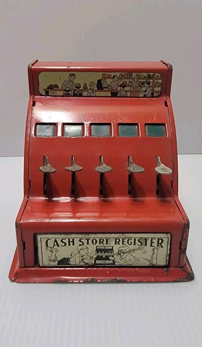 как выглядит Antique Durable Toy Co. USA Red Small Toy Metal Store Cash Register Great Shape фото