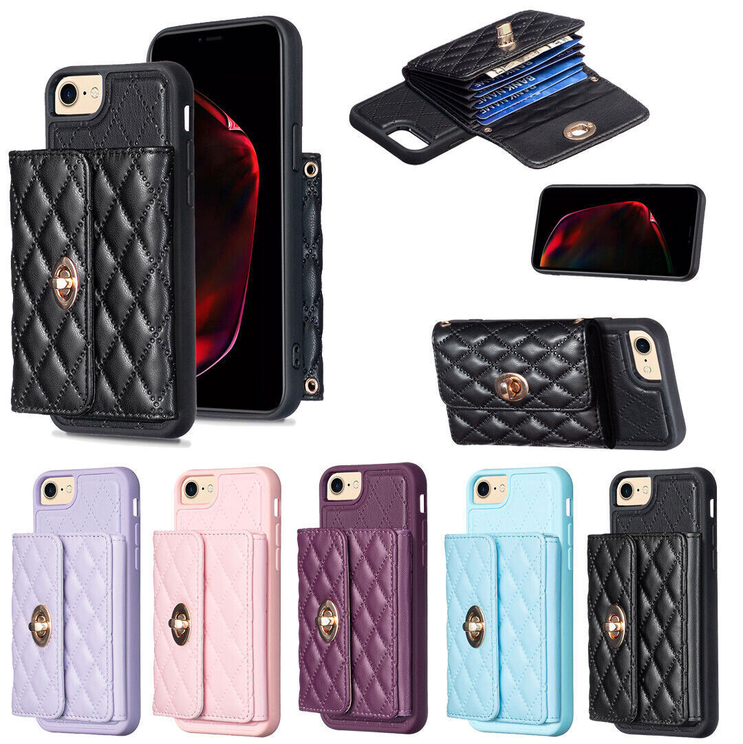 Grid Leather Card Wallet Phone Case For iPhone 11 12 13 14 15 Samsung S22 S23