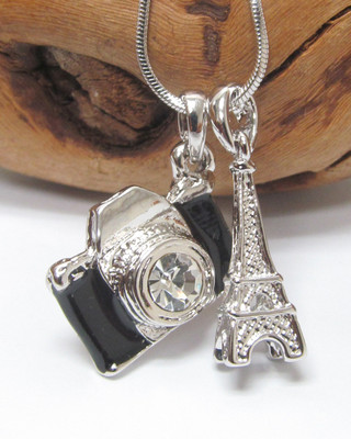 NEW BLACK CRYSTAL CAMERA & EIFFEL TOWER TRAVEL THEME PENDANT NECKLACE WHITE GOLD