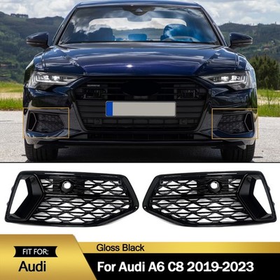2x Gloss Black RS6 Style Front Fog Light Grille Covers Fit Audi A6 C8 2019-2023