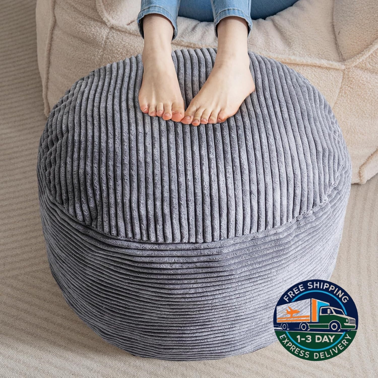 Puf otomano redondo relleno de espuma, puff de pana con almacenamiento