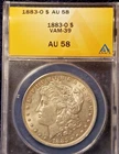 1883-O  MORGAN DOLLAR   *WHITE*   AU-58  VAM-39  *DATE DIGITS IN DENTICLES*