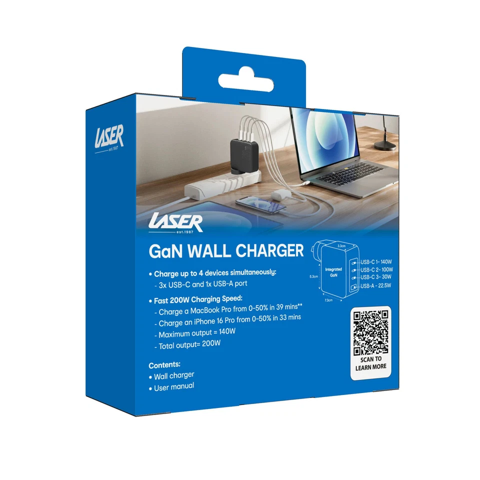 Laser 200W GaN PD 3.0 Wall Charger | USB-C & USB-A Fast Charging Adapter - image 4 of 4