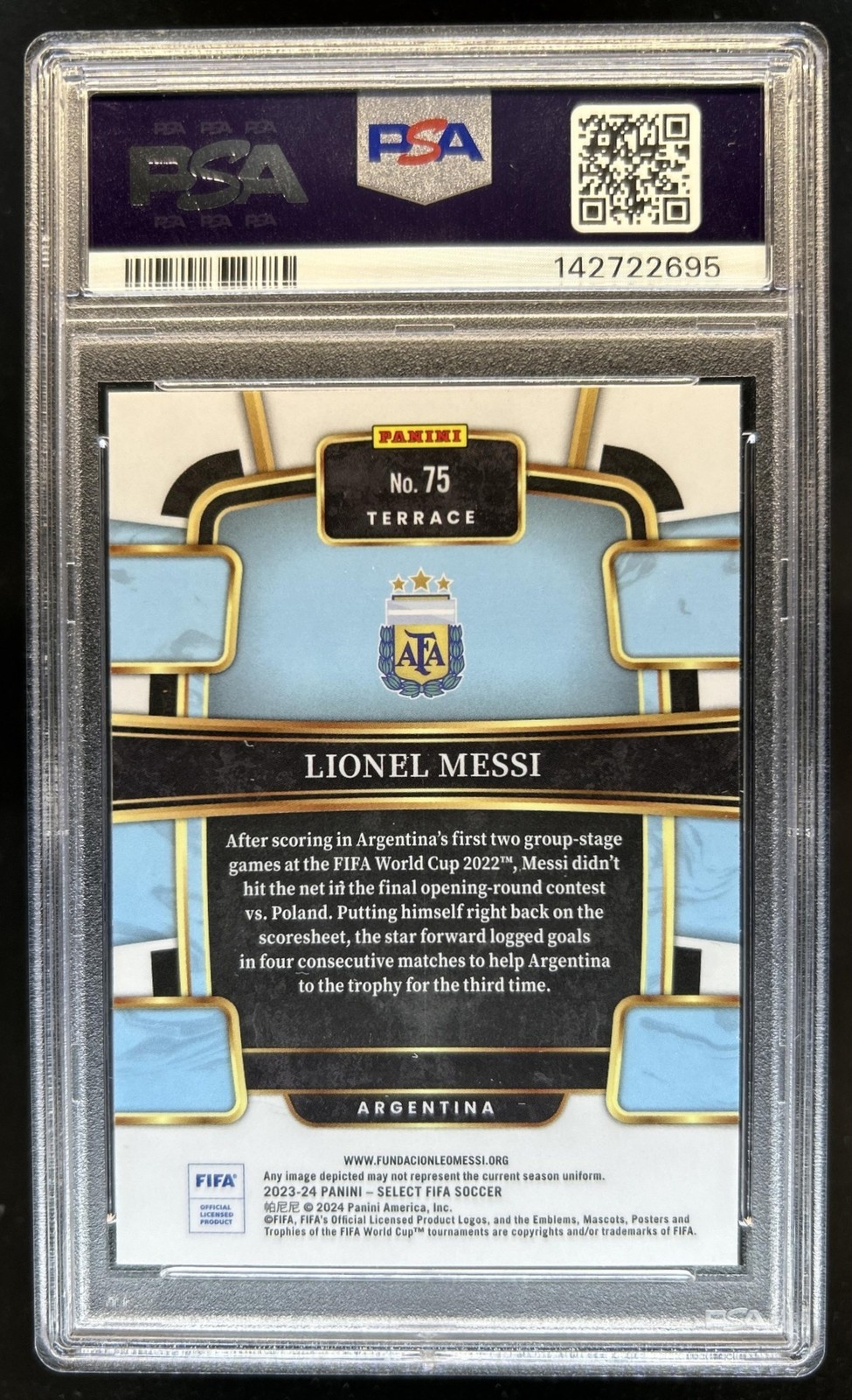 2023-24 Panini Select FIFA Lionel Messi #75 Argentina PSA 8 view 2