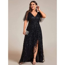 Ever Pretty Alix Black Sequin Leaf A-Line V Neck Formal Side Slit Gown NWOT / 14