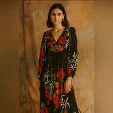 Farm Rio Floral Maxi Dress Anthropologie Long Sleeve V-Neck Black Bib Size XS