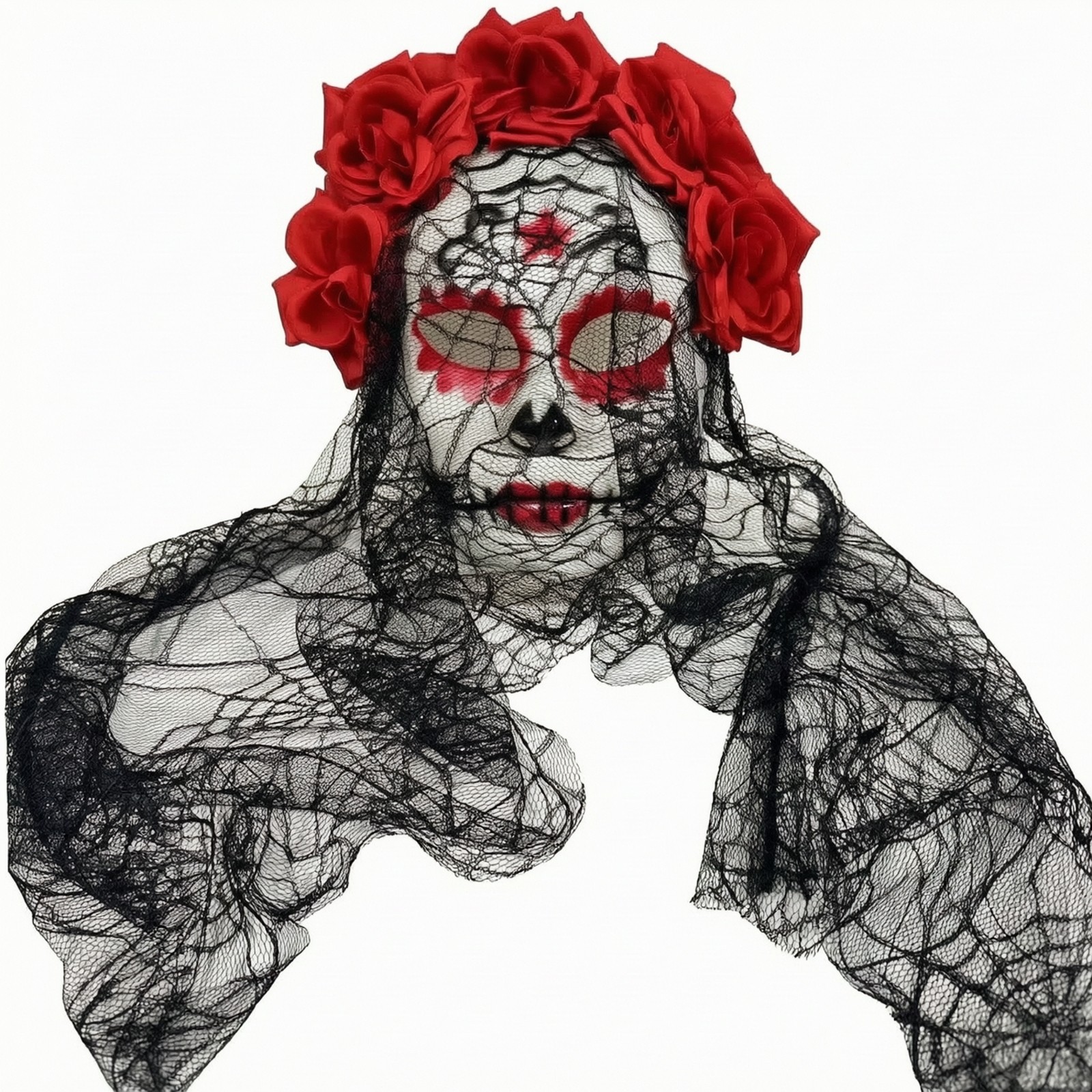Máscara La Catrina Máscara Calavera Fluida con Velo Floral para Carnaval,